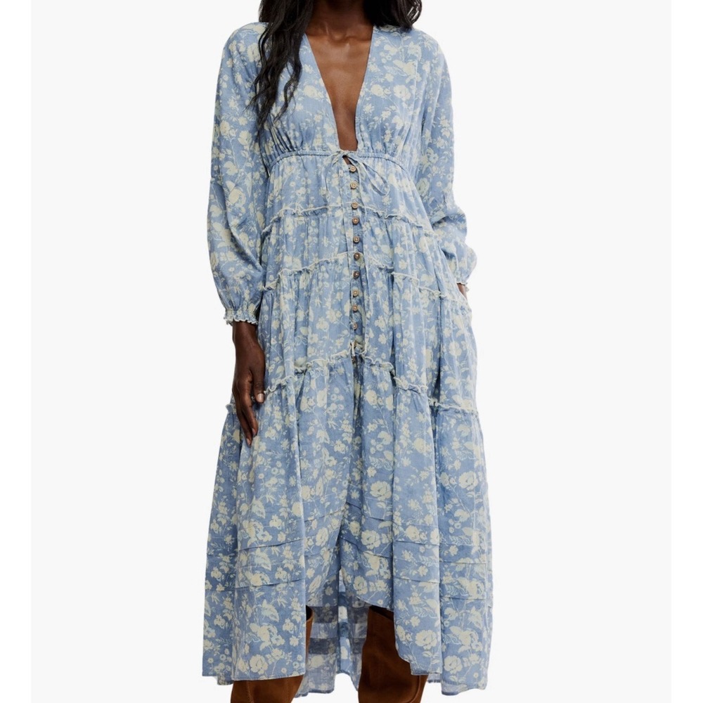 Free People Ethereal Dainty Cottage Pappiet Women's Midi Dress Size M Bluebell